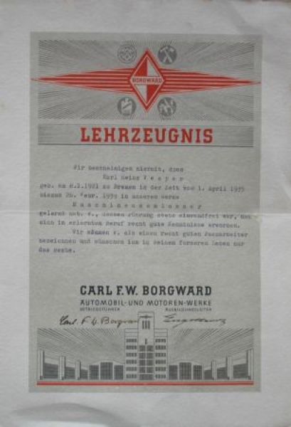 Borgward Teaching-Certificate 1935 with original signature and Logo (1725)